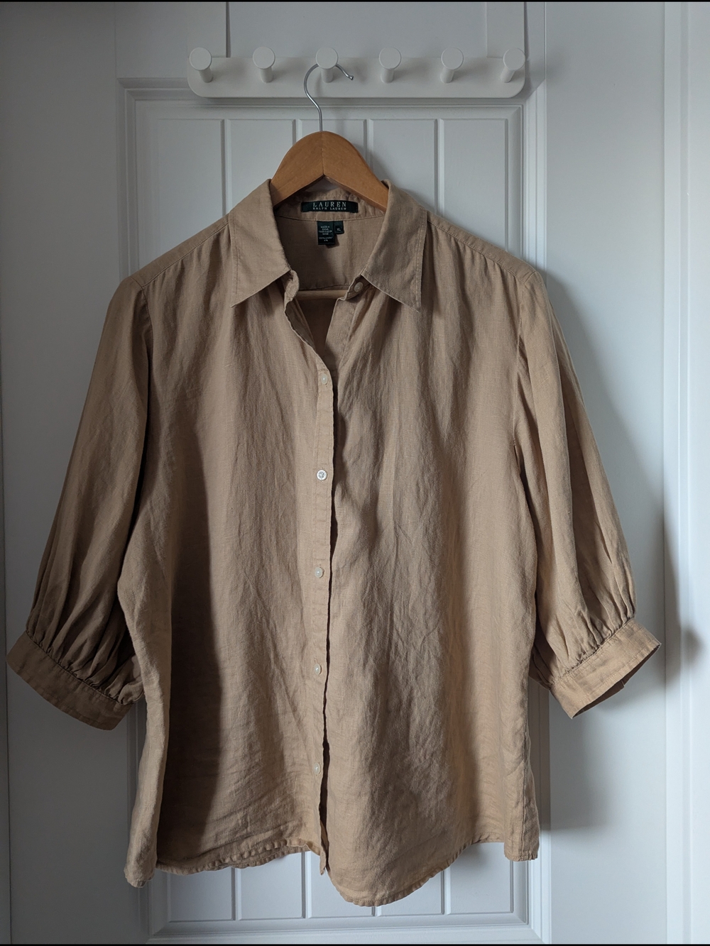 Lauren Ralph Lauren Linen Shirtwith Puff Sleeves in Khaki XL